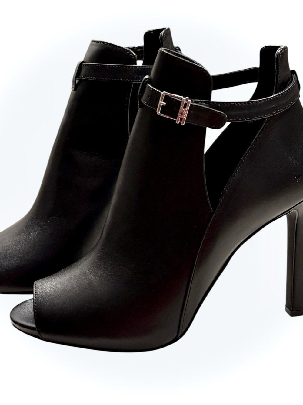 Michael Kors Black Leather Peep Toe Ankle Booties Stiletto Heels Sz 10M Buckle